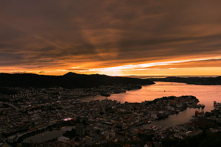 aerial photography of houses near body of water, Bergen, sunset, HD wallpaper