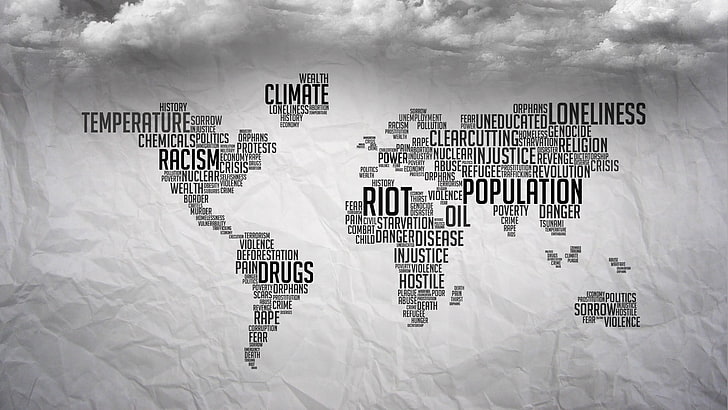 black and white map word cloud, typography, monochrome, clouds, HD wallpaper