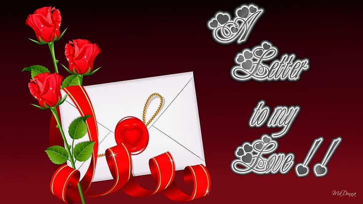 Letter To My Love, 3 red roses and envelope illustration, seal