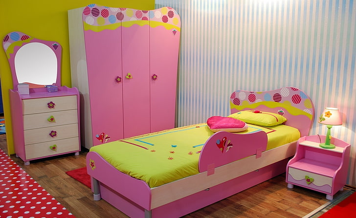 pink and yellow bedspread set, children, design, mirror, interior, HD wallpaper