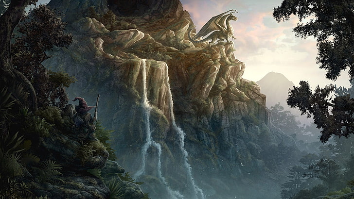 dragon on waterfalls illustration, Kerem Beyit, fantasy art, scenics - nature