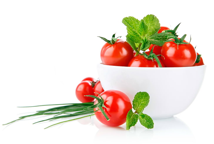red tomatoes, white, green, bowl, vegetable, food, freshness, HD wallpaper