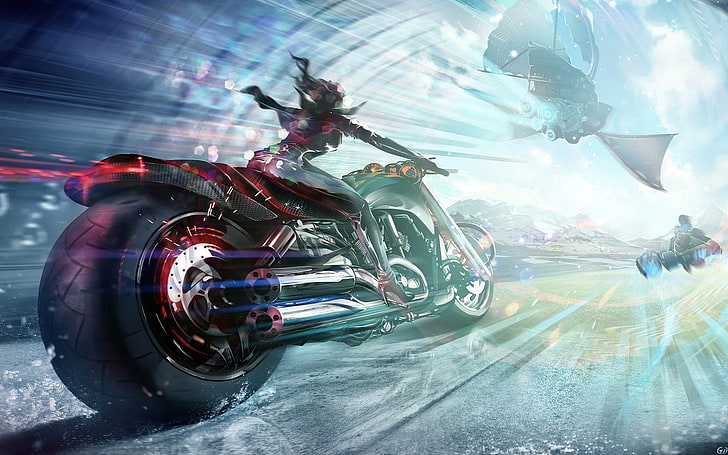 woman riding motorcycle wallpaper, futuristic, digital art, transportation, HD wallpaper