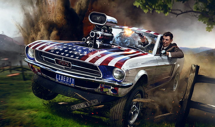 car, Ronald Reagan, artwork, USA, revolver