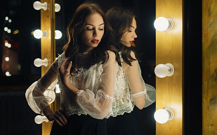 reflection, women, model, lightbulb, mirror, lights, Sergey Zhirnov