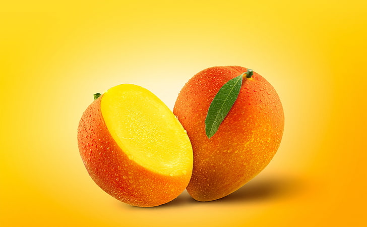 Mango Fruits, Food and Drink, Half, Orange, Yellow, Fresh, waterdrops