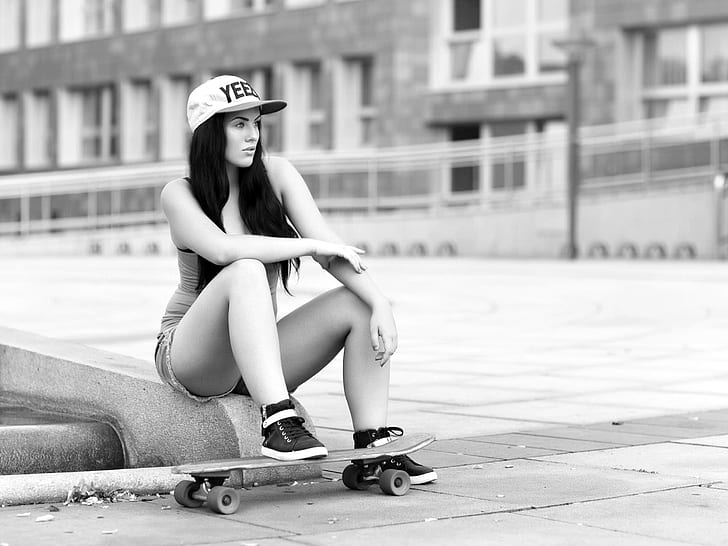 teens, skateboard, fitness model, monochrome, HD wallpaper