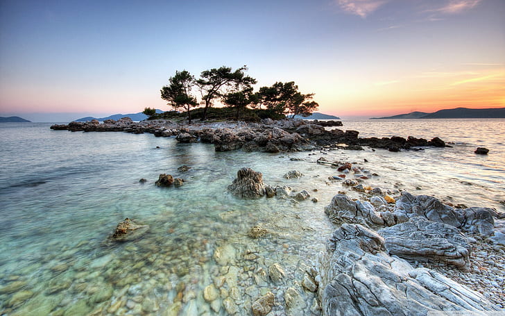 water, landscape, nature, sky, sunlight, Croatia, island, sunset, HD wallpaper