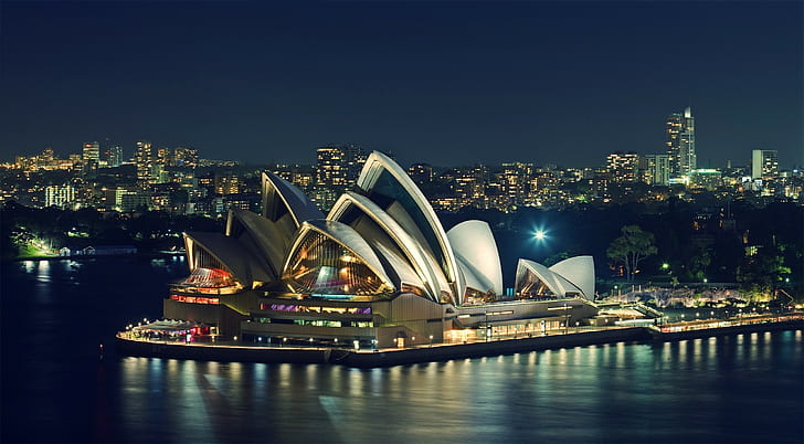 sea, city, Sydney, Sydney Opera House, night, HD wallpaper