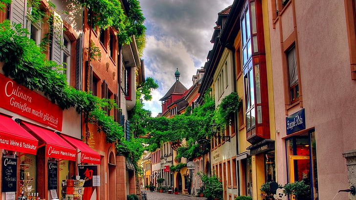 europe, germany, cafe, shops, street, houses, gate, clouds