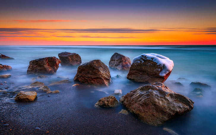 Squires Beach Ontario Canada Sunset In Winter Stones Ocean Horizon Red Sky Clouds Desktop Hd Wallpapers 3840×2400