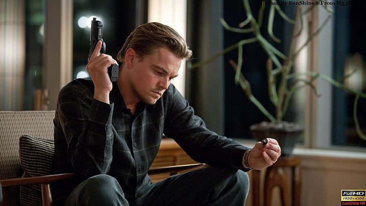 black pistol, movies, Inception, Leonardo DiCaprio, sitting, one person