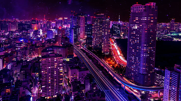 city lights, shiodome city center, japan, tokyo, minato, sky, HD wallpaper
