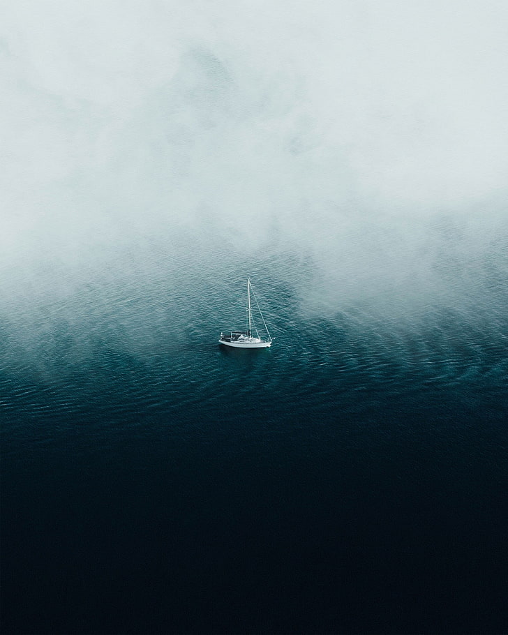 white sailing boat, ocean, fog, lonely, nautical vessel, water