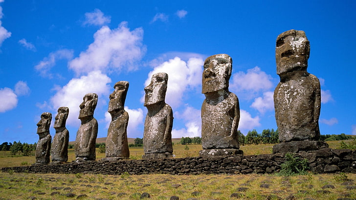 seven concrete human statues, landscape, Easter Island, sky, no people