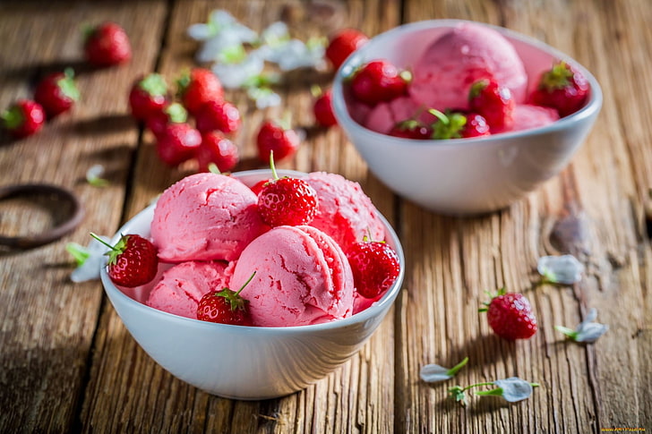 ice cream, fruit, food, bowl, food and drink, frozen food, dairy product, HD wallpaper