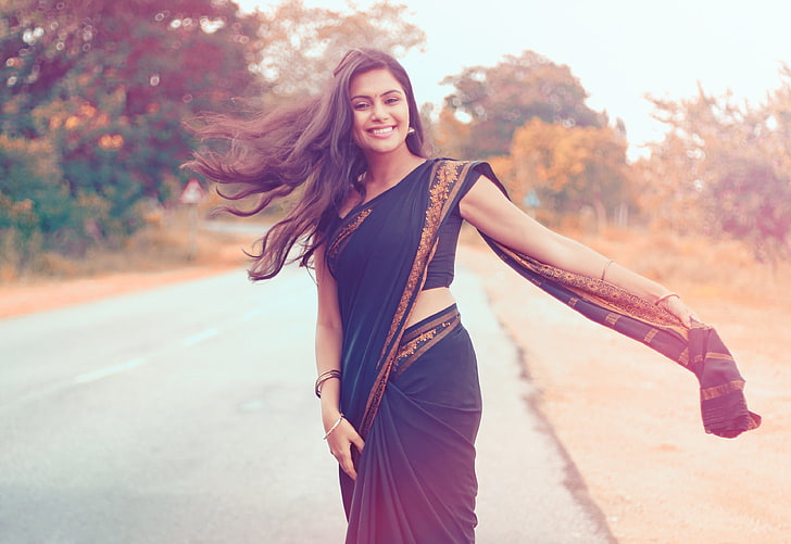 women's black and brown sari dress, girl, clothing, India, brunette, HD wallpaper