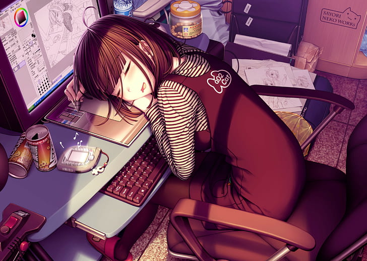 anime girls, Sayori, brunette, computer, graphics tablets, sleeping