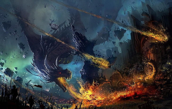 dragon digital wallpaper, fall, fire, flame, war, battle, abstract, HD wallpaper