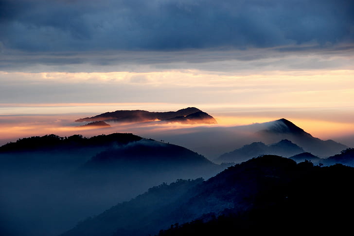 mountains view during sunset, mountain view, mountain view, fog