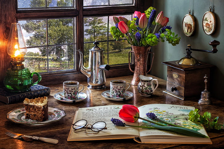 flowers, style, books, lamp, coffee, bouquet, window, glasses
