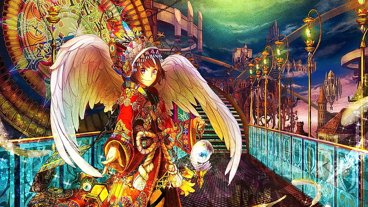 anime, anime girls, wings, original characters, representation