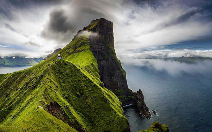 Buildings, Lighthouse, Cliff, Cloud, Faroe Islands, Fog, Kallur Lighthouse