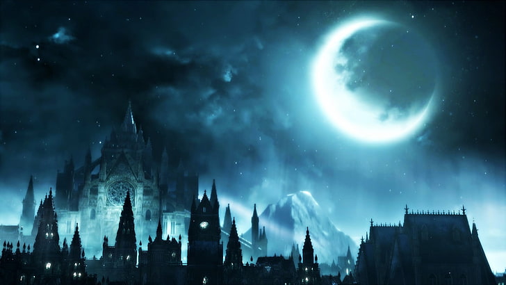 castle and moon, Dark Souls III, video games, night, building exterior