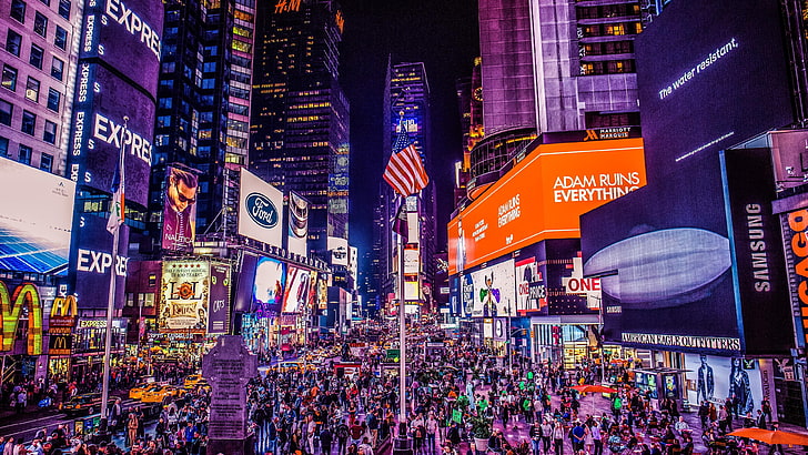 new york city, united states, street, crowd, metropolis, night, HD wallpaper