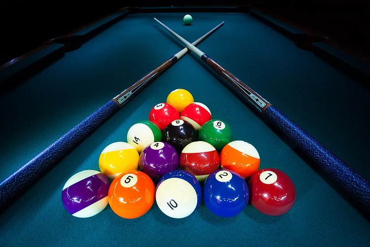 two blue cue sticks, billiard, balls, table, pool Game, sport