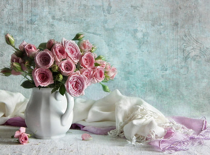 pink rose flower and white ceramic vase, roses, flowers, bouquets, HD wallpaper