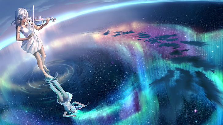Yuumei, violin, clouds, dress, stars, sky, water, cyan, HD wallpaper