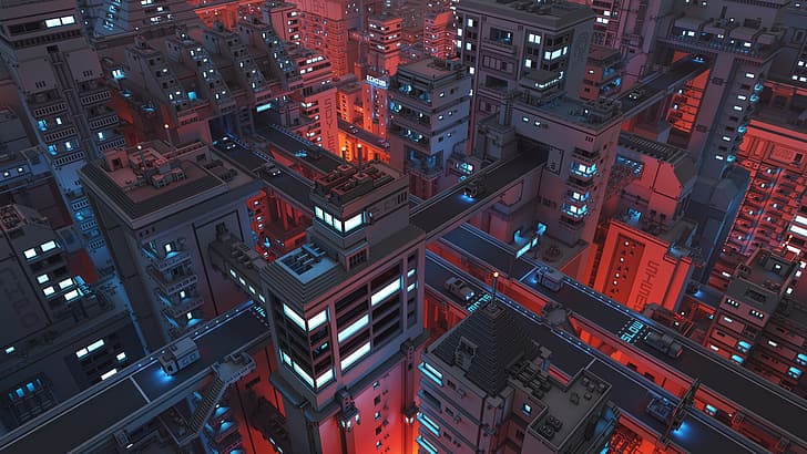 city, voxels, cyberpunk, futuristic, neon, cityscape