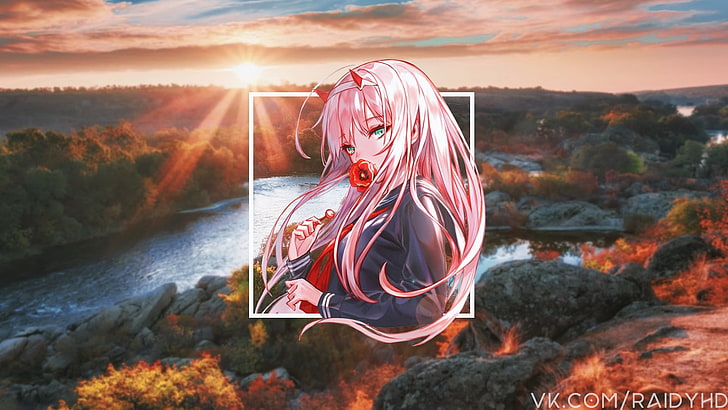 anime, anime girls, picture-in-picture, Zero Two, Zero Two (Darling in the FranXX)