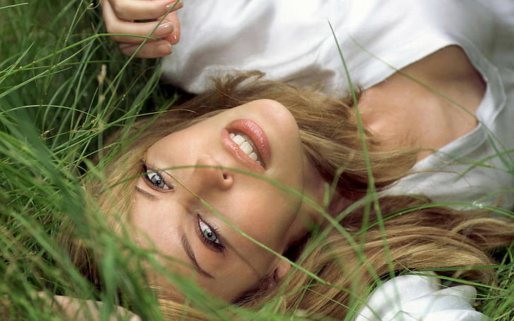 women, face, grass, model, women outdoors, Kylie Minogue, celebrity, HD wallpaper