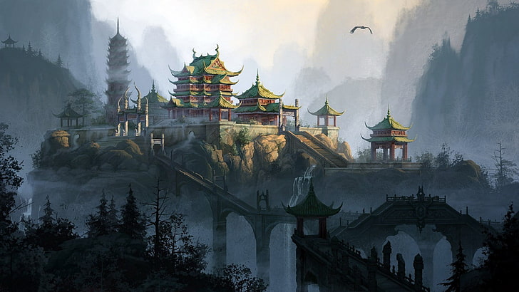castle illustration, animated photo of green buildings on cliff