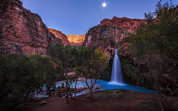 Arizona, Grand Canyon, Havasu Falls, trees, river, waterfalls between rocks
