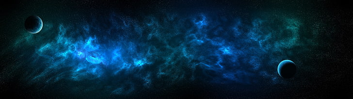 two planets digital art, space, blue, dual display, nebula, stars, HD wallpaper