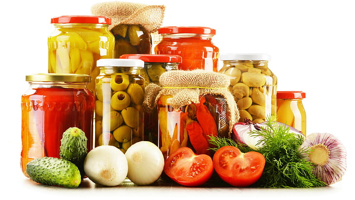 Food, Canned Fruit, Cans, Tomato, Cucumber, Onion, assorted fruits and vegetables in glass containers