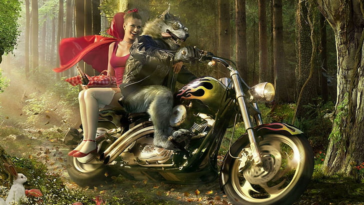 Modern Little Red Riding Hood and the wolf, werewolf riding cruiser motorcycle with a woman wallpaper