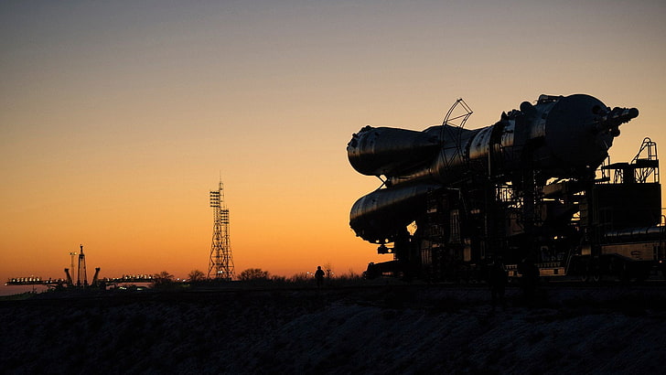roscosmos baikonur cosmodrome rocket soyuz, sunset, sky, architecture