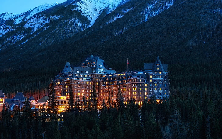 Alberta, Banff National Park, Canada, mountains, hotel, trees, evening, lights, HD wallpaper