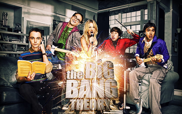 The Big Bang Theory cover, main characters, actors, musical instruments, HD wallpaper