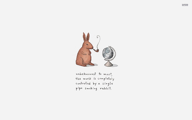 brown rabbit infront of desk globe illustration, pipes, minimalism