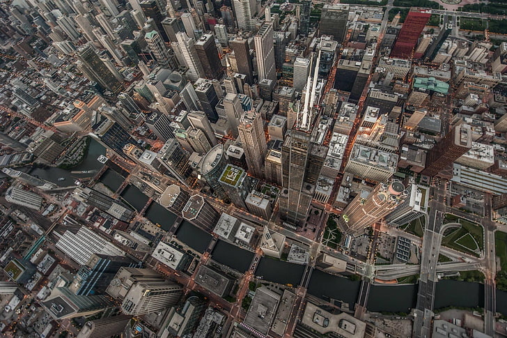 concrete buildings, aerial view of cityscape, Chicago, USA, skyscraper