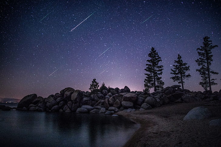shooting star illustration, lake tahoe, lake tahoe, Meteors, Chimney Beach, HD wallpaper