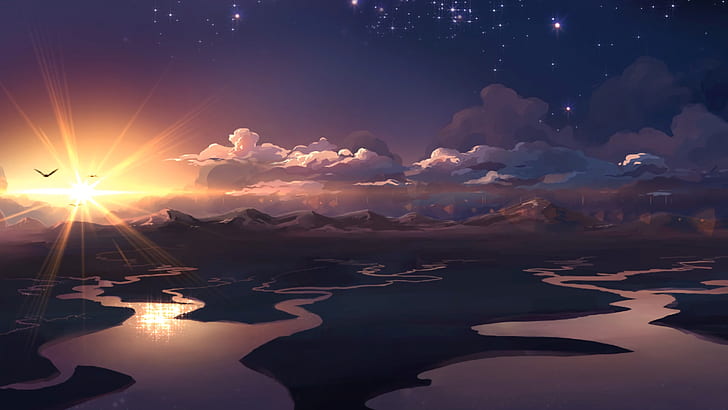 sky, nature, anime art, cloud, horizon, afterglow, artwork