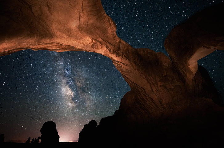 space, nebula, arch, night, Milky Way, rock formation, nature, HD wallpaper