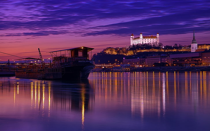 Bratislava, Slovakia, castle, river, reflection, ship, clouds