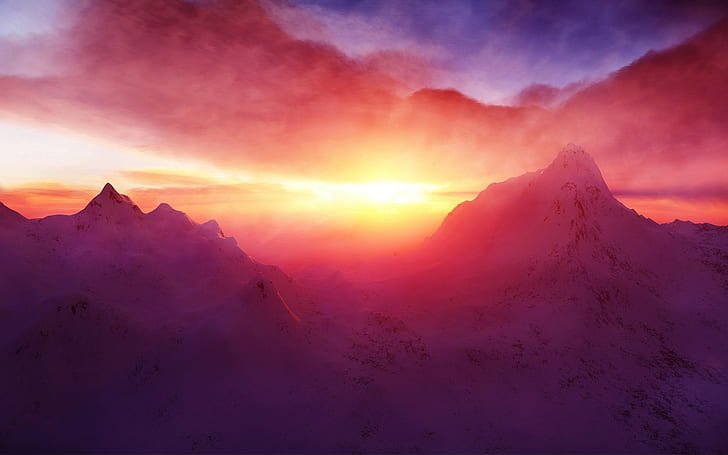 sunset, mountains, snowy peak, sunlight, sky, clouds, nature, HD wallpaper
